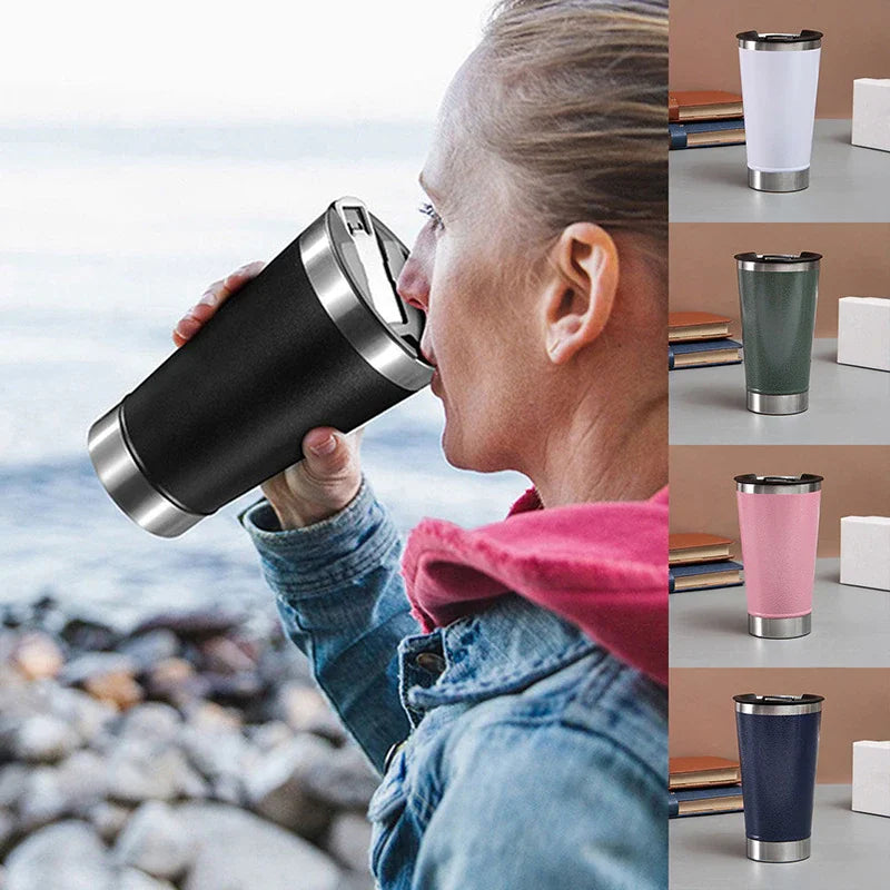 Copo Térmico 473ml Com Tampa E Abridor Inox Quente Gelado Manter Temperatura Por Horas