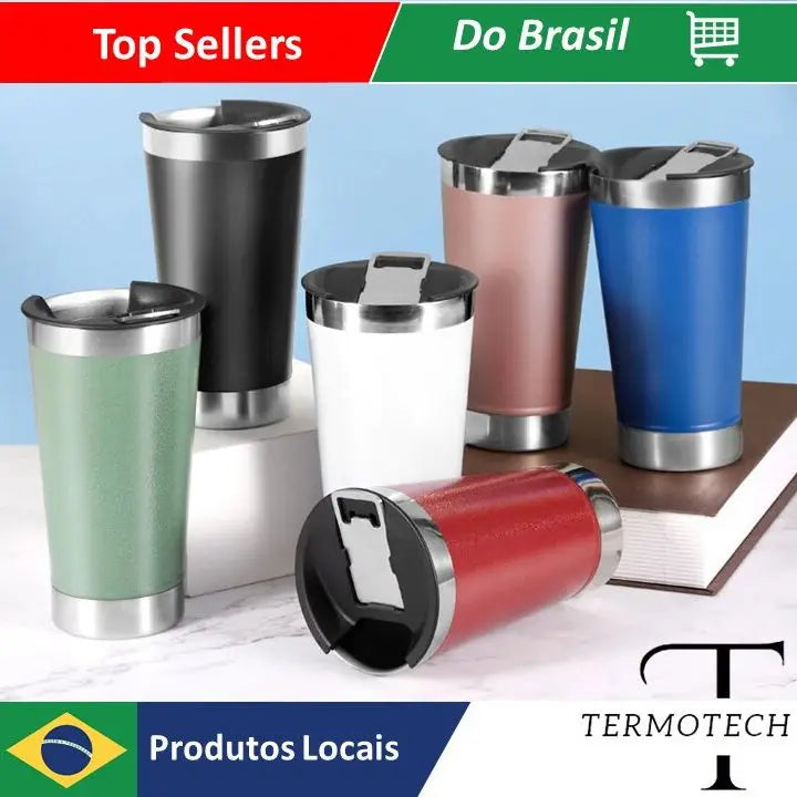 Copo Térmico 473ml Com Tampa E Abridor Inox Quente Gelado Manter Temperatura Por Horas