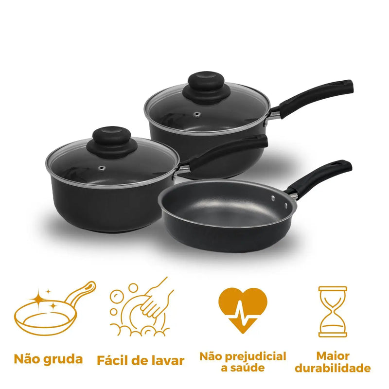 Conjunto de 3 Peças de Panelas Coloridas Premium Antiaderentes com Frigideira