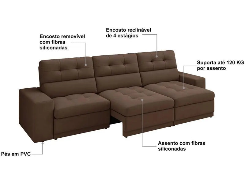 Sofá Retrátil Reclinável 4 Lugares Veludo Roma Besthouse